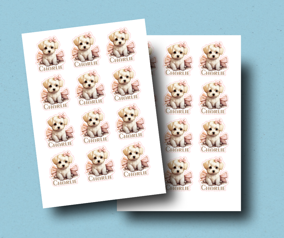 Cute Pink Bow Dog - Personalised Christmas Name Label Stickers