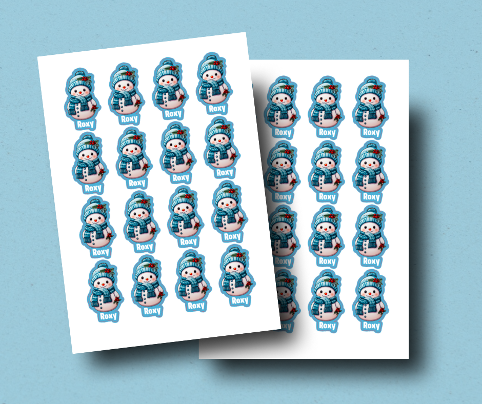 Blue snowman - Personalised Christmas Name Label Stickers