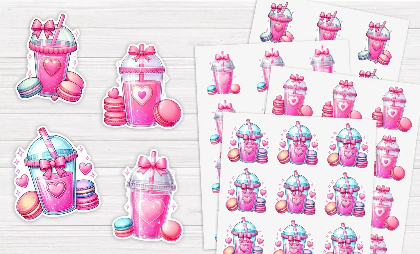 Valentines Pink Cup with macroons Stickers - All bits printed