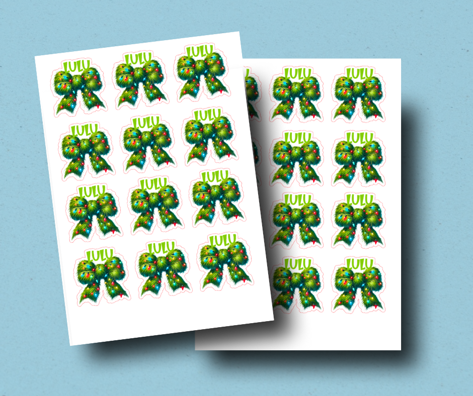 Fluffy Green Christmas Light Bow - Personalised Christmas Name Label Stickers