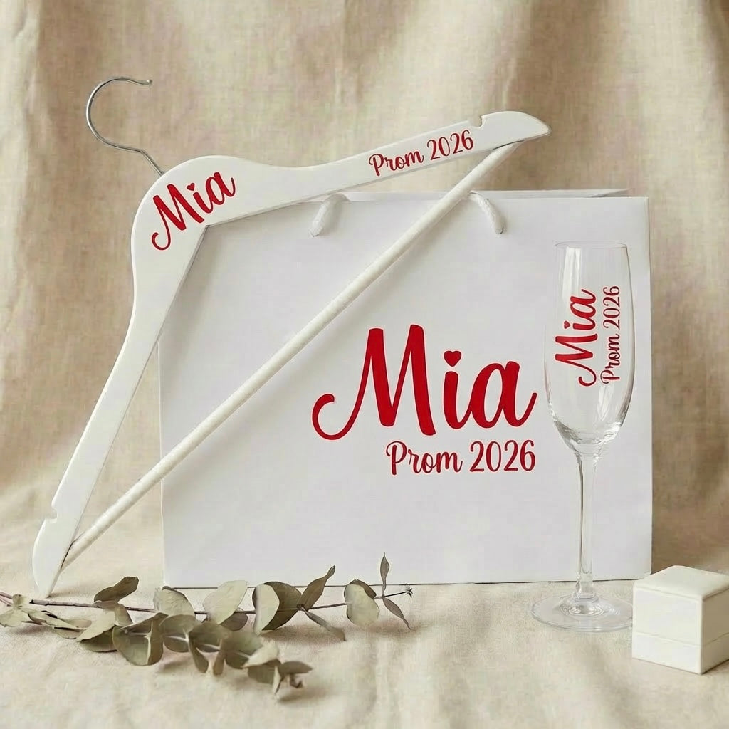 Prom 2025 -Personalized prom gift set with custom champagne flute, decorative hanger and gift bag