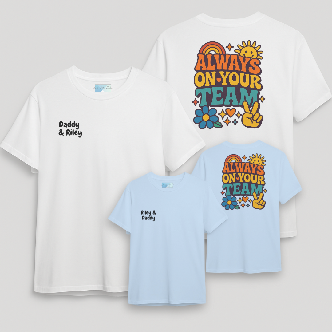 Looking for the perfect Father’s Day gift that’s both meaningful and memorable? Our Daddy and Me Matching T-Shirts are a heartwarming way to celebrate the bond between father and child. Designed with love and crafted for comfort, these custom father and child shirts are perfect for dads who are always on their little one’s team.
The front of each shirt features personalized names (e.g., "Daddy & Riley" or "Riley & Daddy"), while the back showcases a bold, colorful graphic with the uplifting message “Always