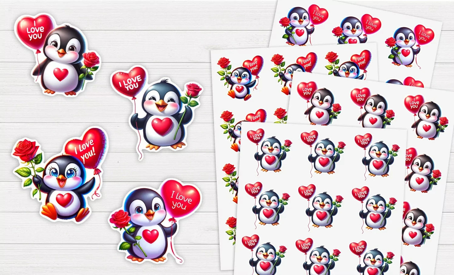 Valentines Penguin Stickers - All bits printed 