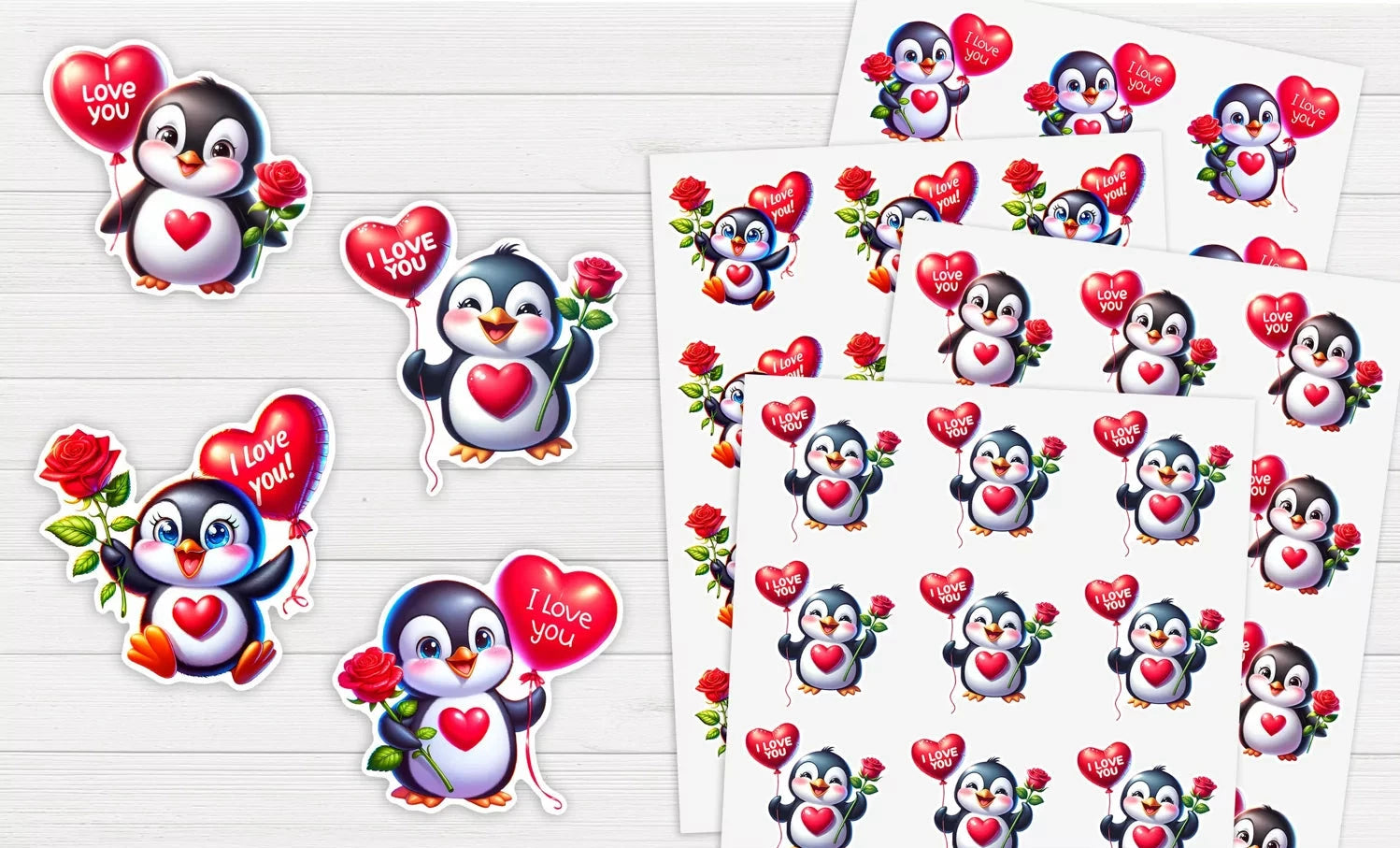 Valentines Penguin Stickers - All bits printed 