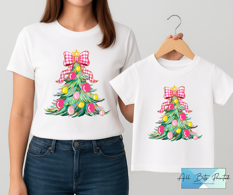 Matching Family Christmas Tree T-Shirts with Pink Gingham Bow