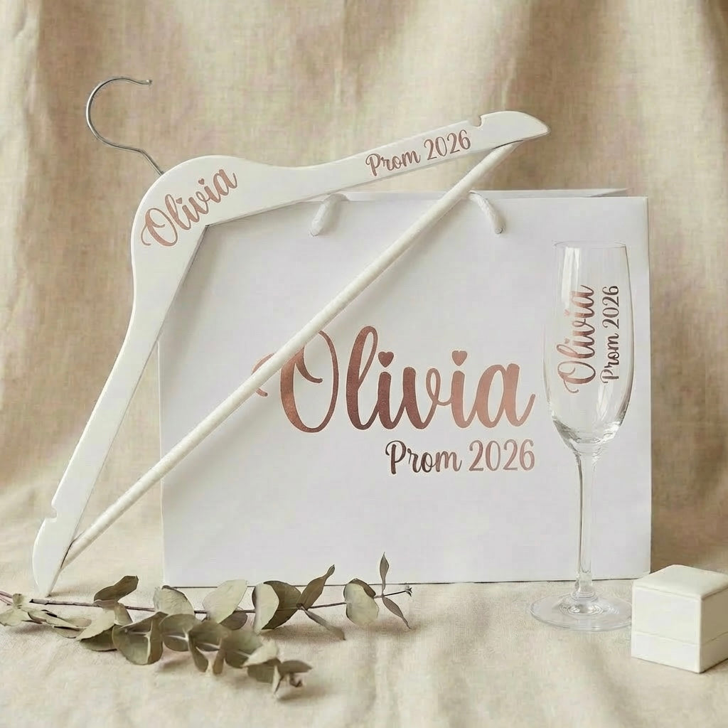Prom 2025 -Personalized prom gift set with custom champagne flute, decorative hanger and gift bag