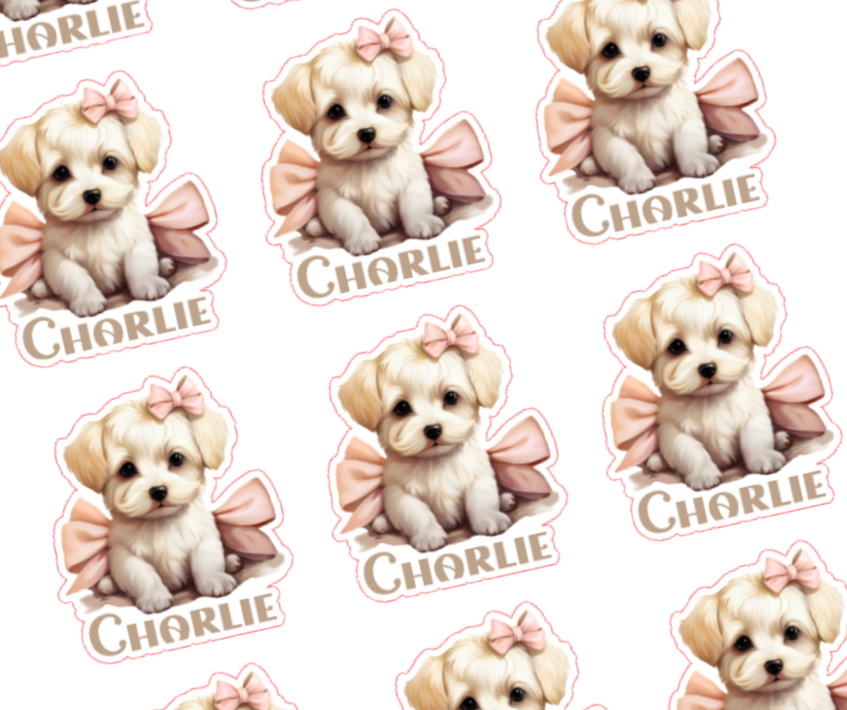Cute Pink Bow Dog - Personalised Christmas Name Label Stickers
