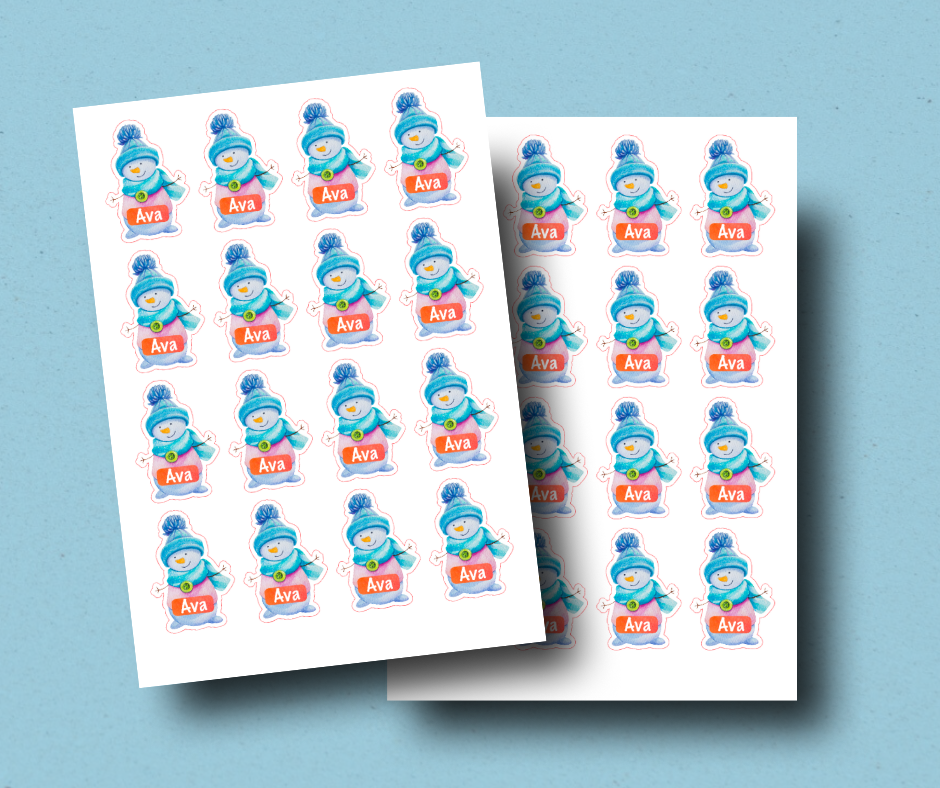 Blue Snowgirl - Personalised Christmas Name Label Stickers