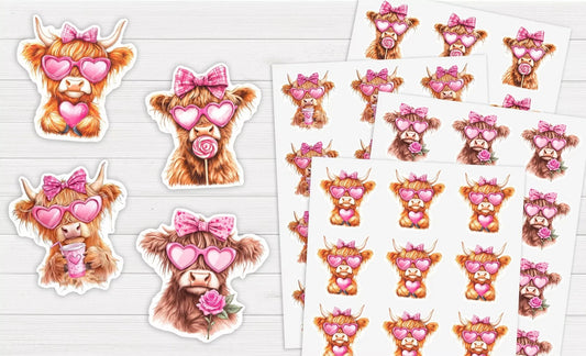 Valentines Highlands Cow Stickers - All bits printed 