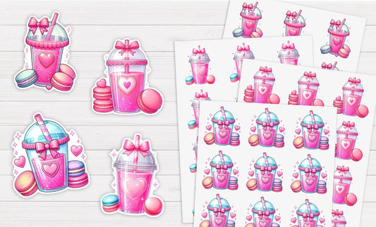 Valentines Pink Cup with macroons Stickers - All bits printed 