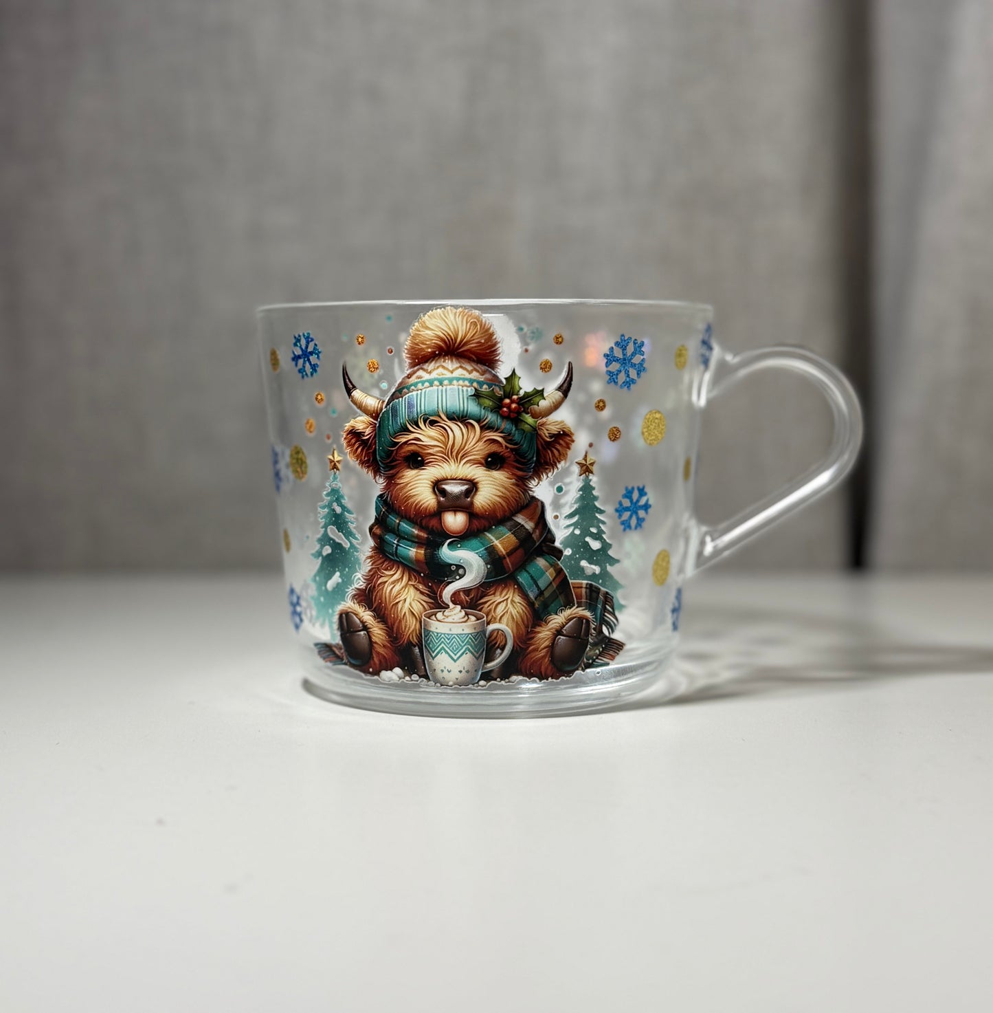 Beatrix - Cosy Christmas Highland Cow Glass Mug