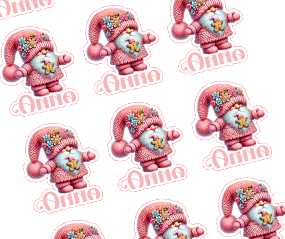 Pink gnome - Personalised Christmas Name Label Stickers