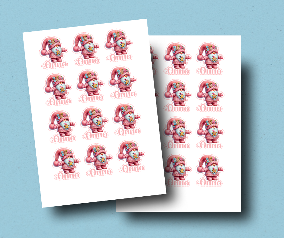 Pink gnome - Personalised Christmas Name Label Stickers