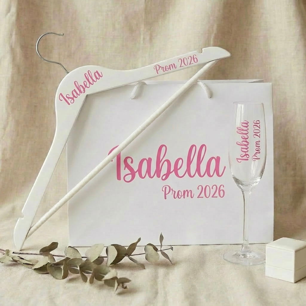 Prom 2025 -Personalized prom gift set with custom champagne flute, decorative hanger and gift bag