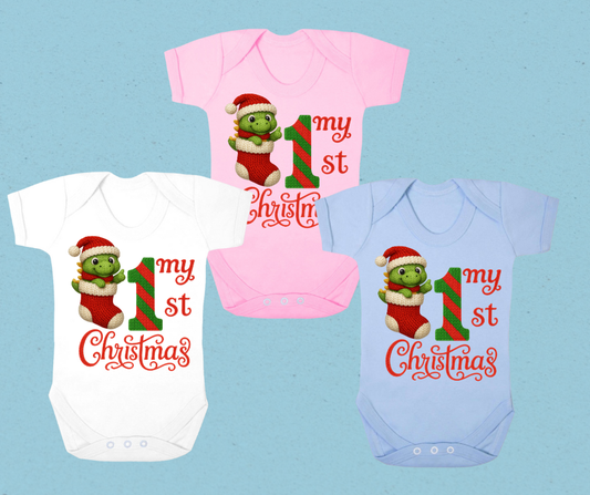 Baby's 1st Christmas Bodysuit - My First Christmas Dinosaur - Knitted Effect