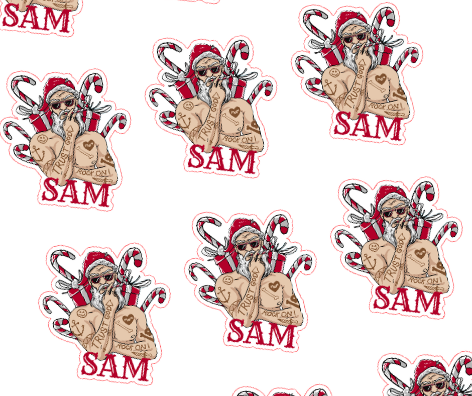 Tattooed Santa - Personalised Christmas Name Label Stickers