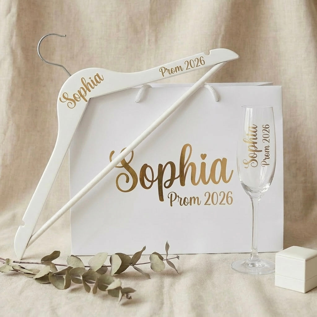 Prom 2025 -Personalized prom gift set with custom champagne flute, decorative hanger and gift bag