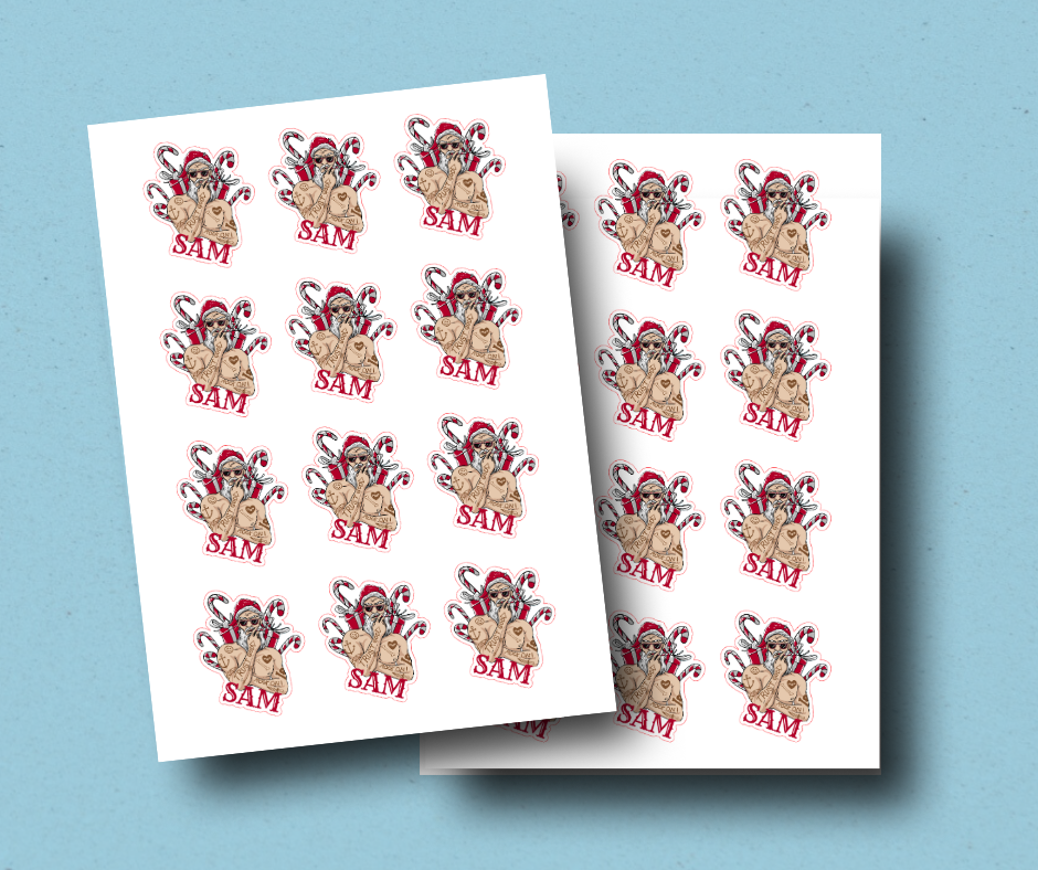 Tattooed Santa - Personalised Christmas Name Label Stickers