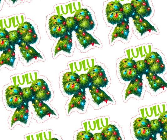 Fluffy Green Christmas Light Bow - Personalised Christmas Name Label Stickers