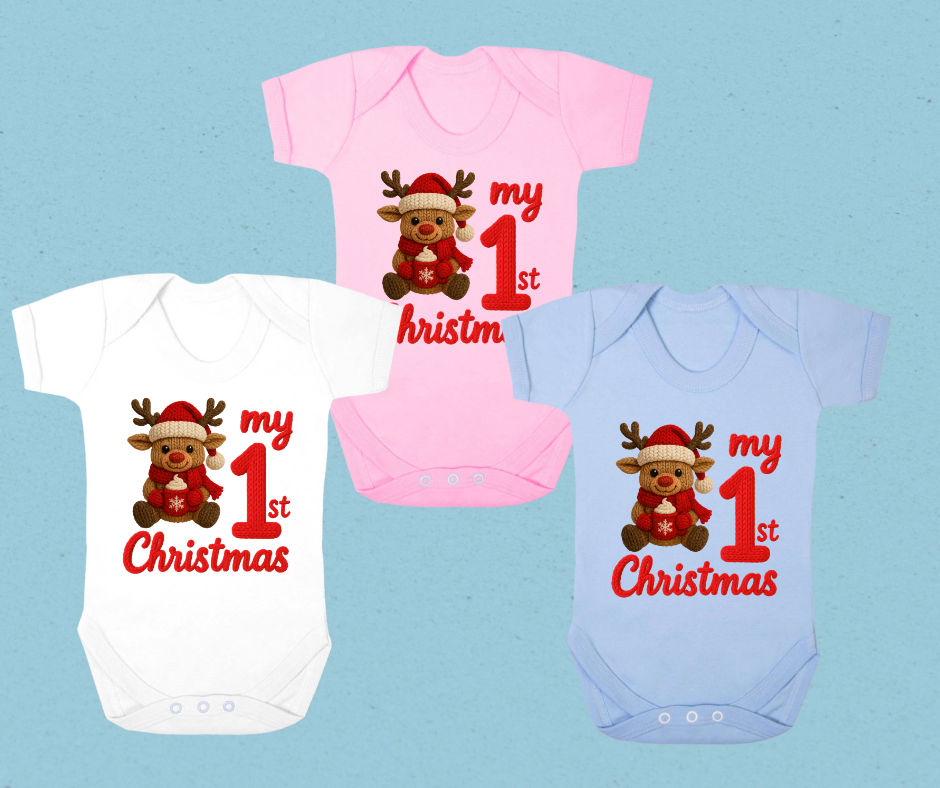 Baby's 1st Christmas Bodysuit - My 1st Christmas Reindeer - Knitted Effect