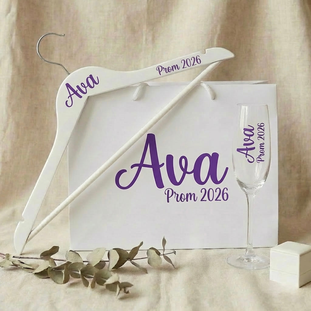Prom 2025 -Personalized prom gift set with custom champagne flute, decorative hanger and gift bag