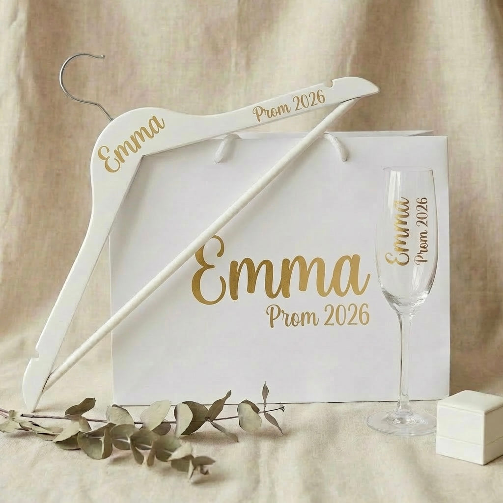 Prom 2025 -Personalized prom gift set with custom champagne flute, decorative hanger and gift bag
