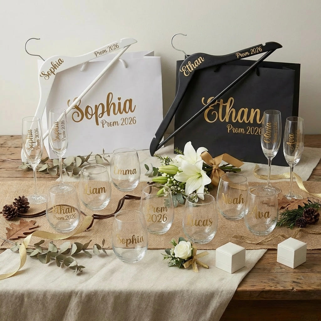 Prom 2025 -Personalized prom gift set with custom champagne flute, decorative hanger and gift bag