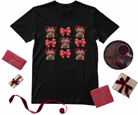 Highland cow with red bow valentines tshirt