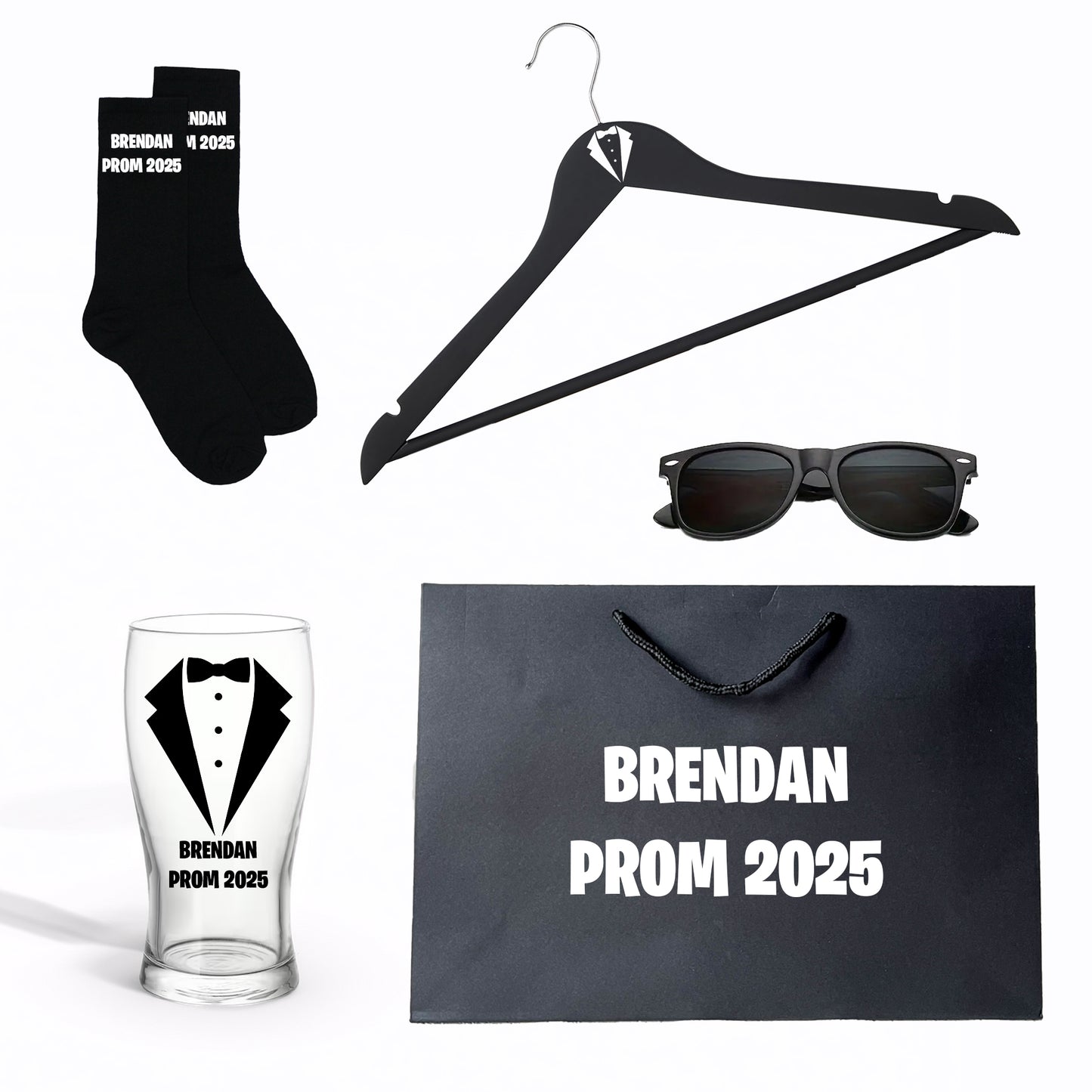 His Prom Set - Personalized prom gift set with custom pint glass, decorative hanger and gift bag