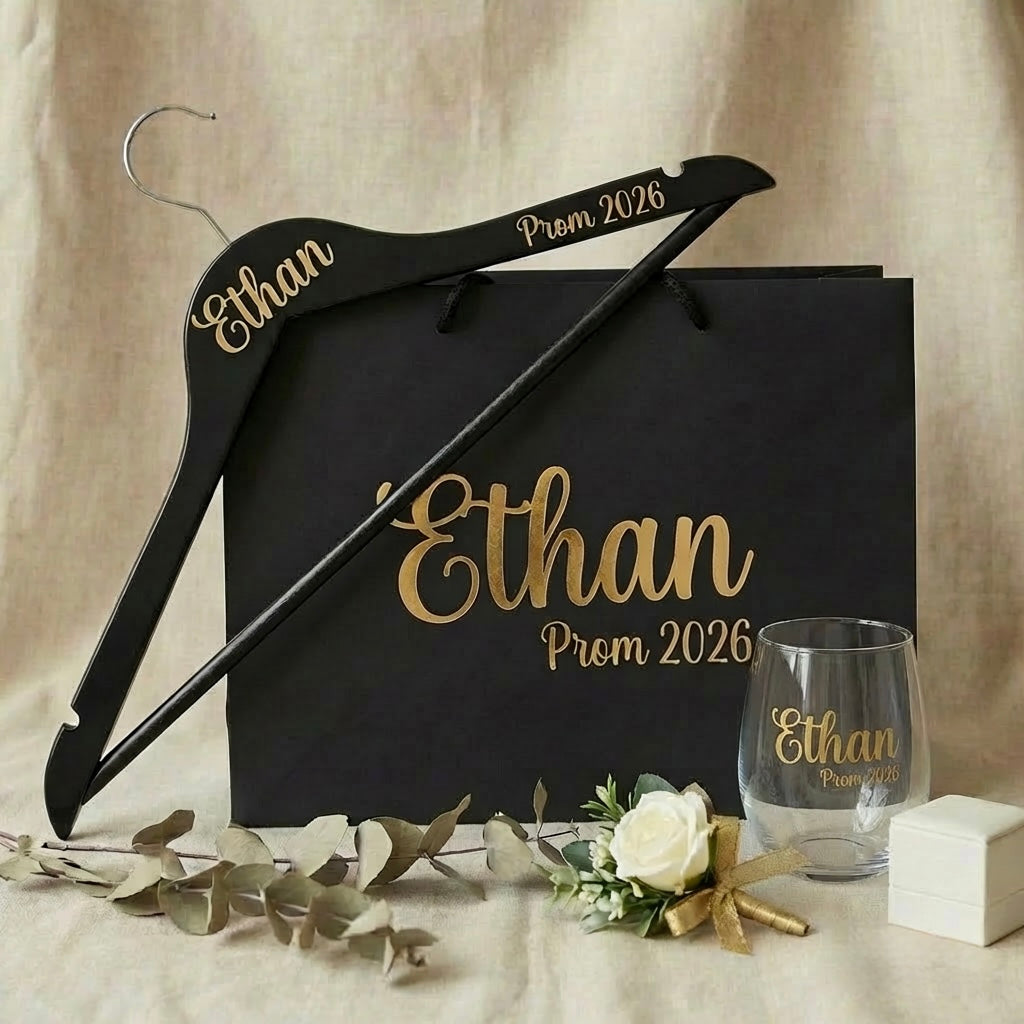 Prom 2025 -Personalized prom gift set with custom champagne flute, decorative hanger and gift bag