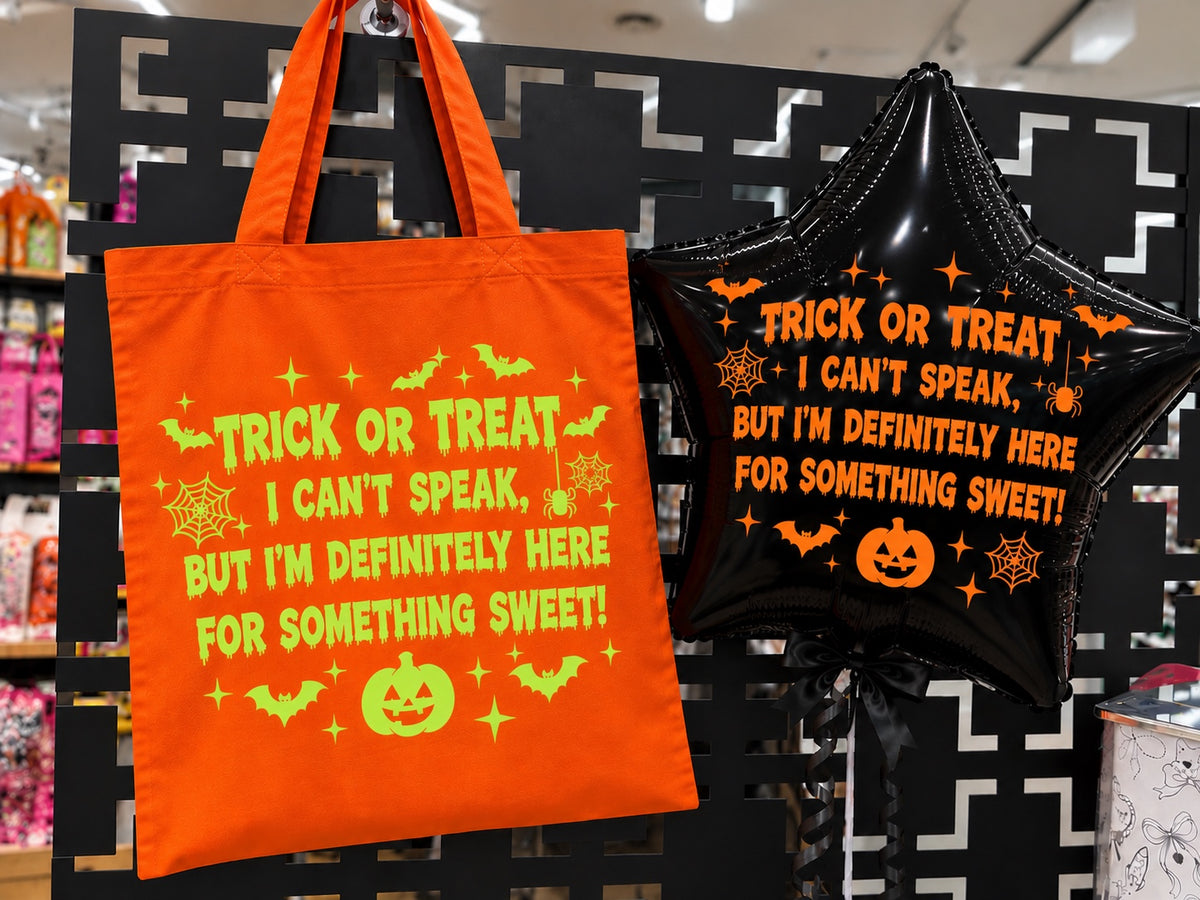 Matching SEN Halloween trick or treat tote bag and black balloon set