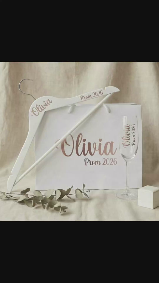 Prom 2025 -Personalized prom gift set with custom champagne flute, decorative hanger and gift bag